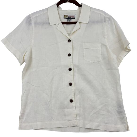 Caribbean Joe Blouse Top Womens Size L White Linen Button Up Short Sleeve - Picture 1 of 10